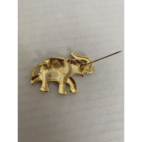 Vintage Gold & Black Enamel Elephant Trunk Up Brooch with Rhinestones - Picture 2 of 6